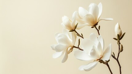 Obraz premium White magnolia flowers on a subtle cream background, close-up shot, Minimalist style