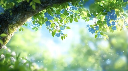 Fototapeta premium A tree branch with blue flowers and green leaves