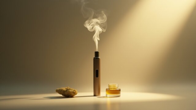Modern vaporizer pen with a wisp of smoke, paired with a golden cannabis oil jar on a minimalistic background. Clean design highlights its sleek and elegant style