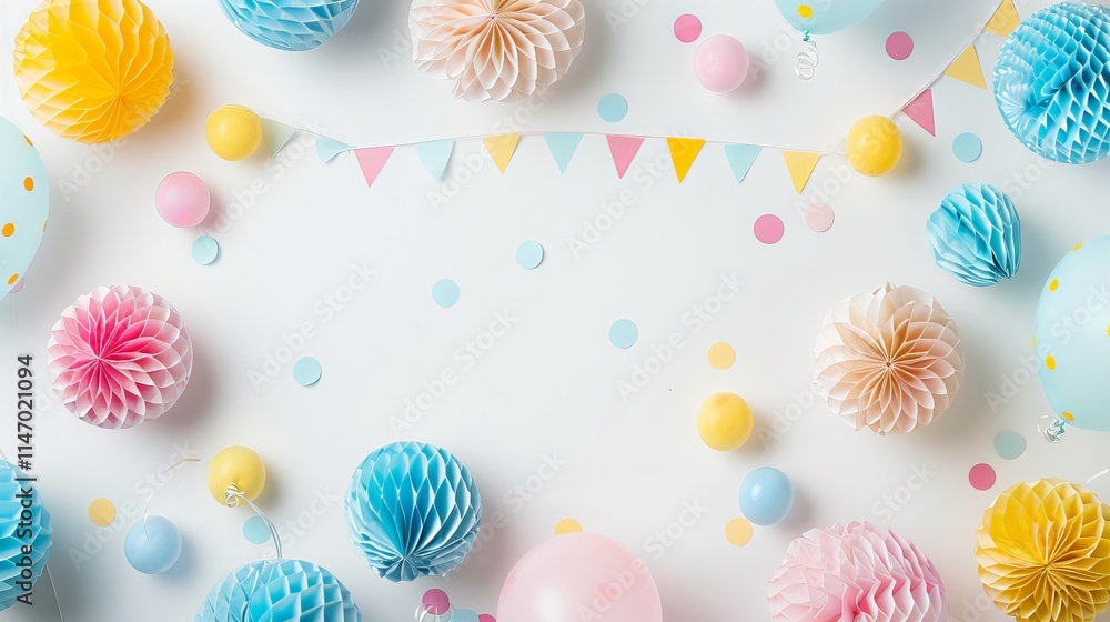 Poster a colorful background with a bunch of paper lanterns and balloons. the balloons are in different col