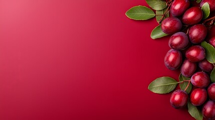 A bunch of plums with leaves on a red background