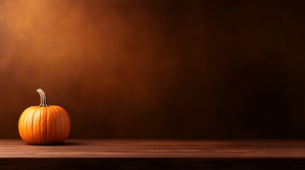 A single orange pumpkin sitting on top of a wooden table