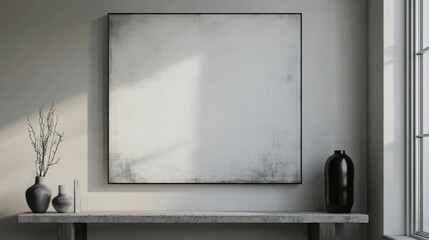 Minimalist room, textured art, vases, branches, shelf.