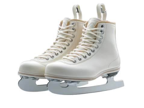 Pair of white ice skates with metal blades on an isolated background, symbolizing winter sports and elegance.