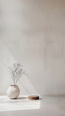 A serene minimalist interior featuring a ceramic vase with delicate branches and a wooden accent against a sunlit neutral wall.