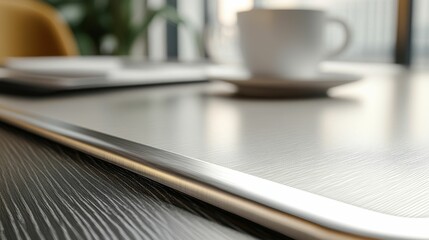 Light table, metallic edge, blurred background, papers, cup.