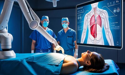 Neurourgeons are operating with medical robotic surgery machine. Modern automated medical device. Surgical room in hospital with robotic technology equipment, machine arm neurosurgeon - Powered by Adobe