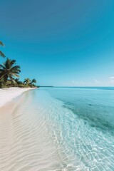 Fototapeta premium White tropical resort wall backdrop, featuring palm-fringed beaches and crystal-clear waters against a clean, blue sky.