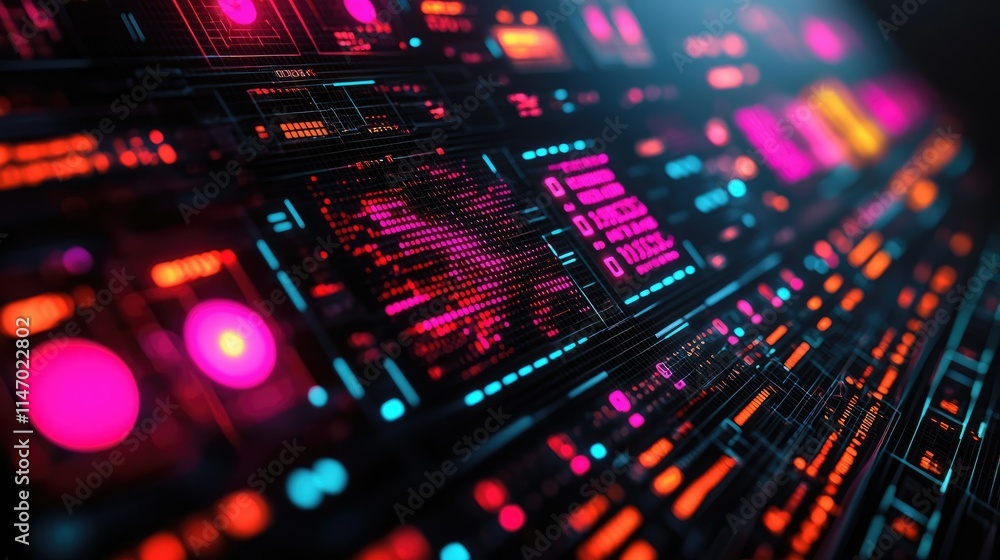 Poster a vibrant digital interface with glowing elements, suggesting advanced technology and data visualiza
