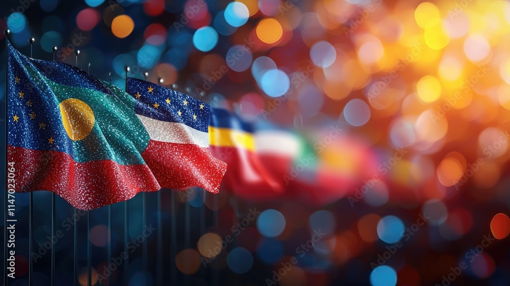 Poster a vibrant display of flags against a colorful bokeh background, symbolizing unity and diversity.
