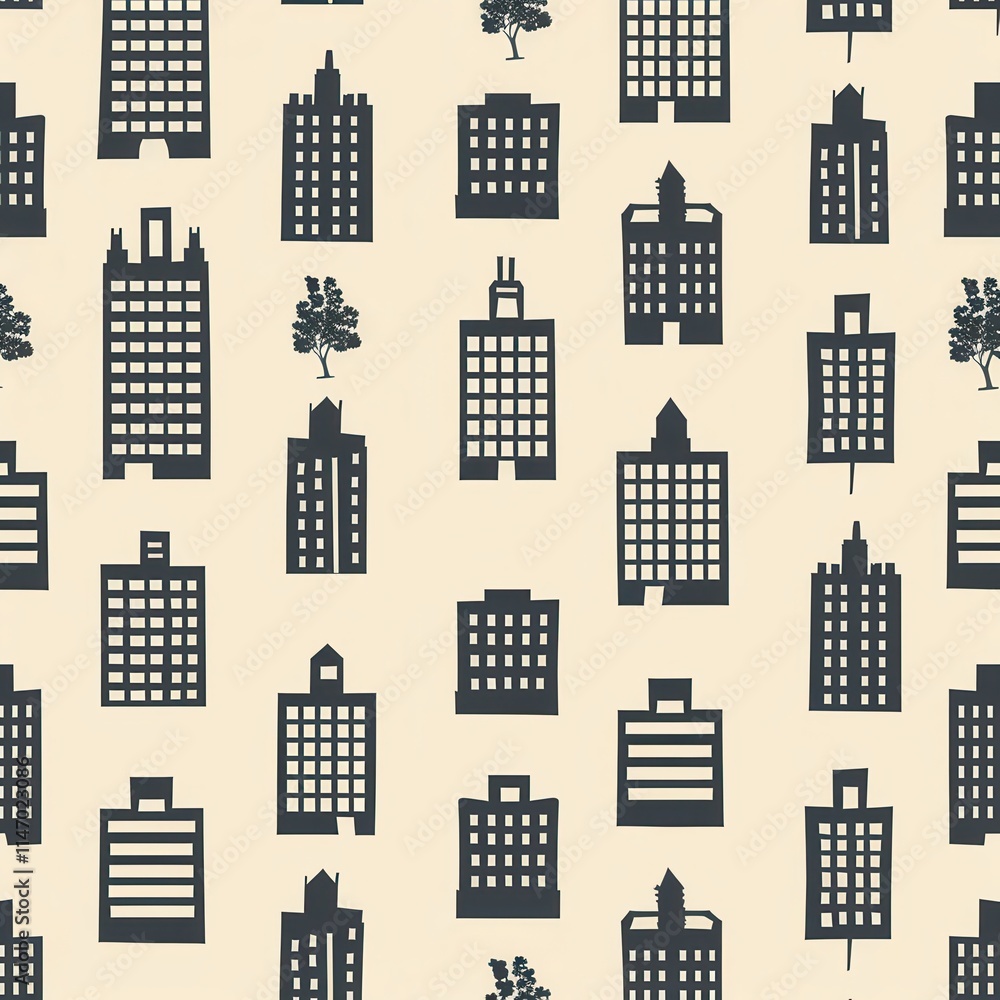 Poster urban cityscape pattern with buildings and trees on light background for design projects or textiles