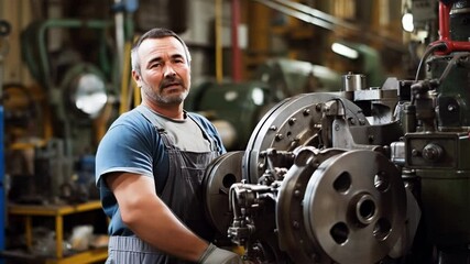 Confident worker in industrial factory with machinery. Showcasing skilled profession. Caucasian man exudes seriousness. Overseeing production plant. Metal equipment highlights job importance indoors