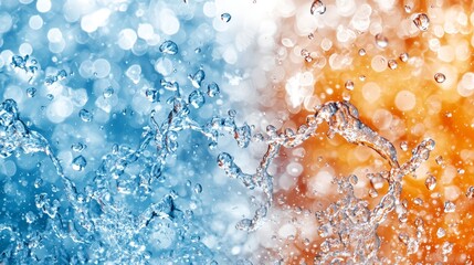 A close up of water splashing on a blue and orange background