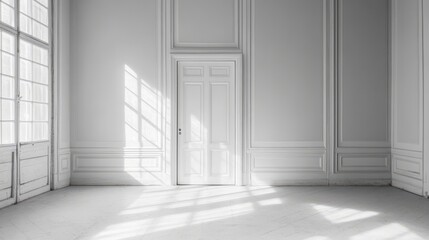 A white room with a door and windows. The door is open. The room is empty. There is a window in the room