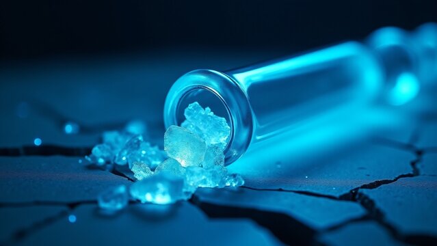 Crystal meth in a glass pipe glowing under blue neon light on a cracked surface. Shadows and reflections create a cold, tense, and dangerous atmosphere
