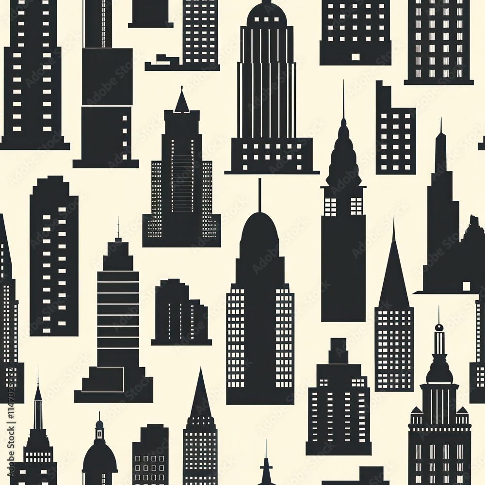 Poster City skyline silhouette pattern featuring diverse architectural styles on a light background. Generative AI
