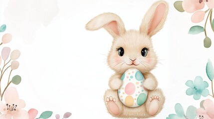 A cute fluffy Easter bunny holding a pastel-colored Easter egg, surrounded by delicate flowers. A soft and whimsical illustration perfect for springtime celebrations