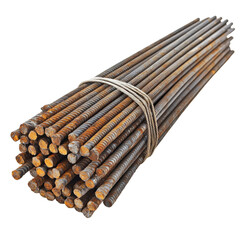 Bundle of steel rebars tied with wire, isolated on a white background.