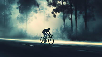 Obraz premium Speed demon: cyclist racing along misty road with blurred motion wheels and tree silhouettes. Misty. Illustration