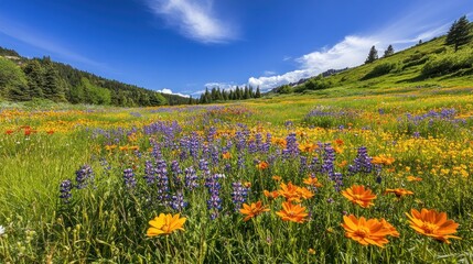 Fototapeta premium A vibrant field of wildflowers blooms under a clear blue sky, with lush green grass and a mountain range in the background.