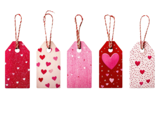 Set of six heart-themed decorative tags with jute strings, isolated on a white background.