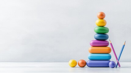 Colorful stacked toy blocks with pencils on white background.