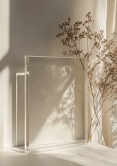 Clear block, dried flowers, sunlight, shadows, minimalist.