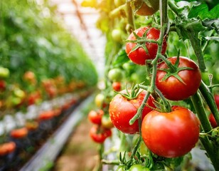 Ripe Red Tomatoes Growing on Vines in a Greenhouse Ready for Picking