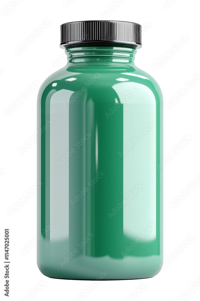 Poster green plastic bottle with black screw cap, isolated on transparency background, showcasing clean and