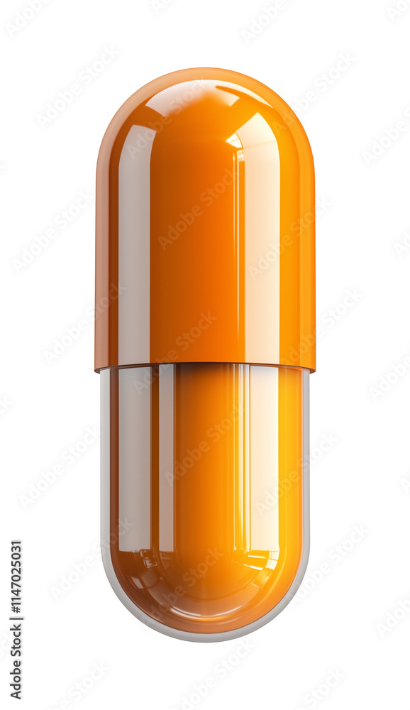 Poster glossy orange capsule pill isolated on transparency background, showcasing clean and modern design, 