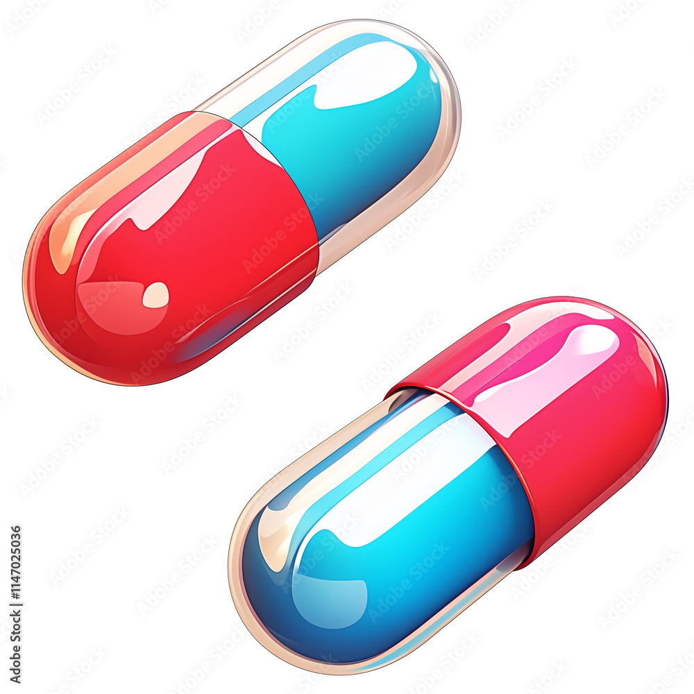 Poster glossy 3d illustration of two colorful capsules, one red and blue, isolated on transparency backgrou