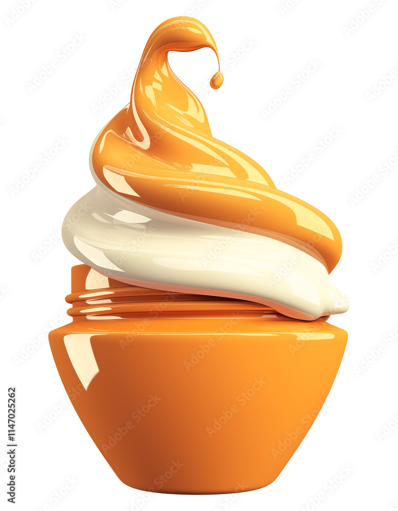 Poster vibrant orange and white cream swirl in glossy orange container, isolated on transparency background