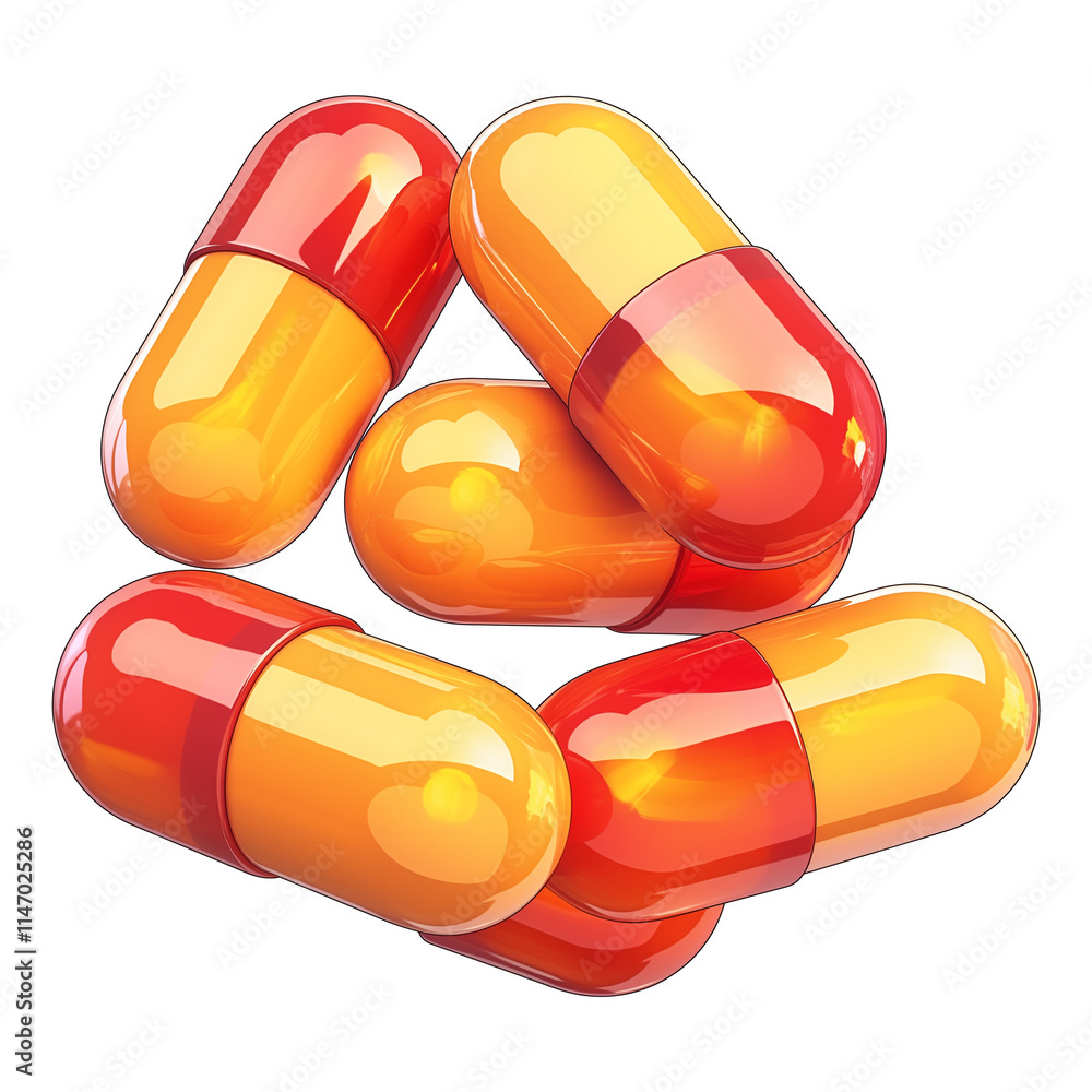 Poster bright orange and red capsules with glossy finish, isolated on transparency background, showcasing v