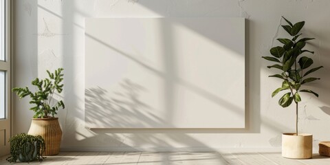 A serene minimalist interior featuring a blank canvas and potted plants, bathed in natural sunlight, perfect for art and design inspiration.