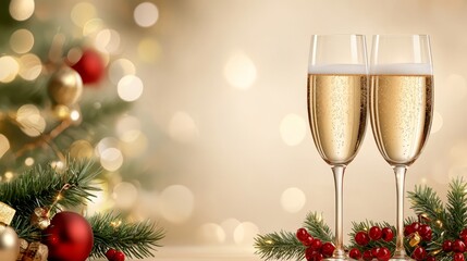 Two glasses of champagne next to a christmas tree