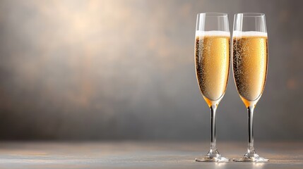 Two glasses of champagne on a table with a blurry background