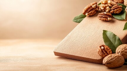 A wooden cutting board topped with walnuts and leaves
