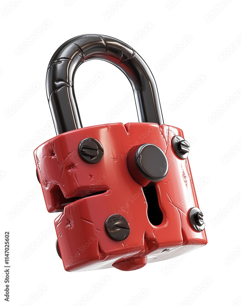 Poster 3D illustration of broken red padlock with visible cracks and scratches, isolated on transparency background, symbolizing vulnerability or security breach
