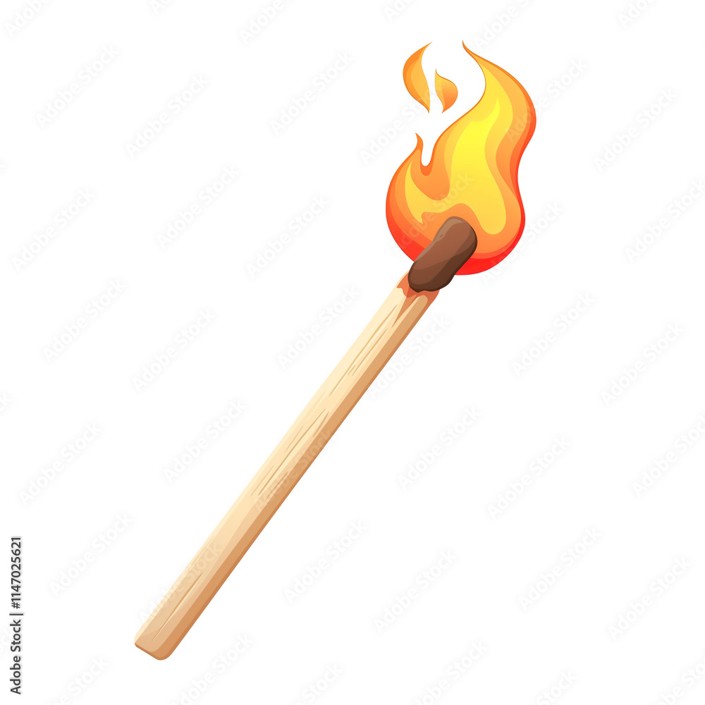 Poster burning matchstick with bright flame, isolated on transparency background, showcasing simple and clean design
