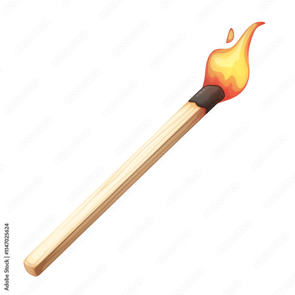 Poster burning matchstick with wooden handle and bright orange flame, isolated on transparency background, 