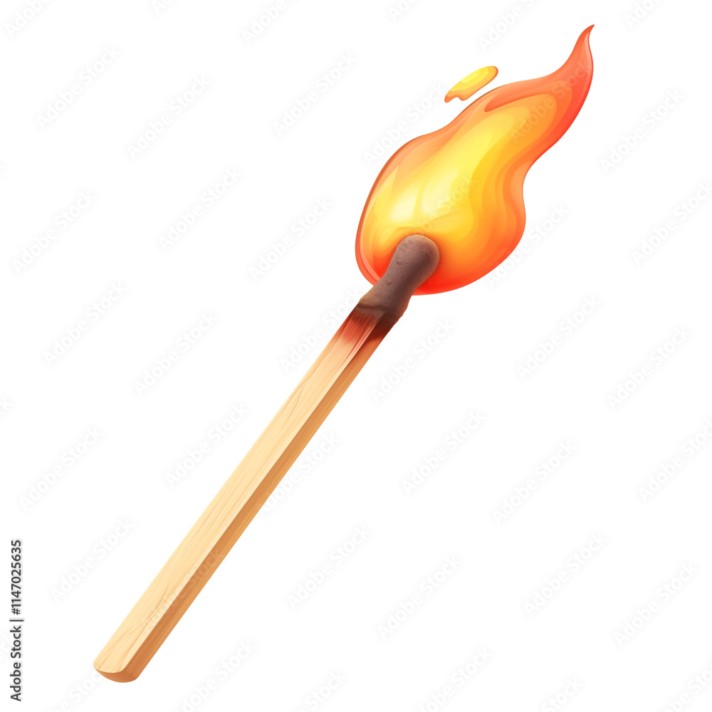 Poster burning matchstick with wooden handle and bright orange flame, isolated on transparency background, showcasing simple and clean design