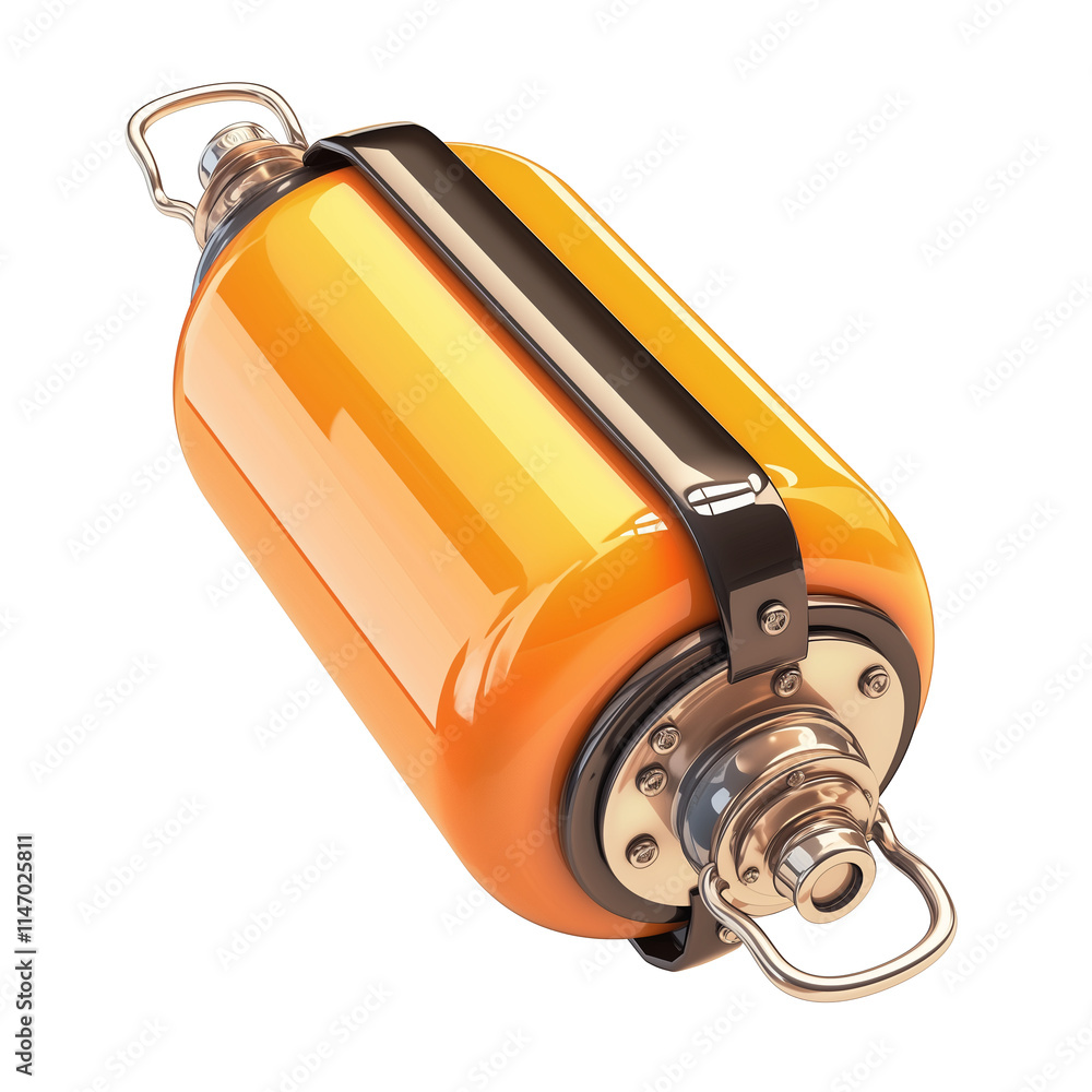 Poster 3d illustration of cylindrical capacitor with metallic frame, orange casing, and detailed connectors