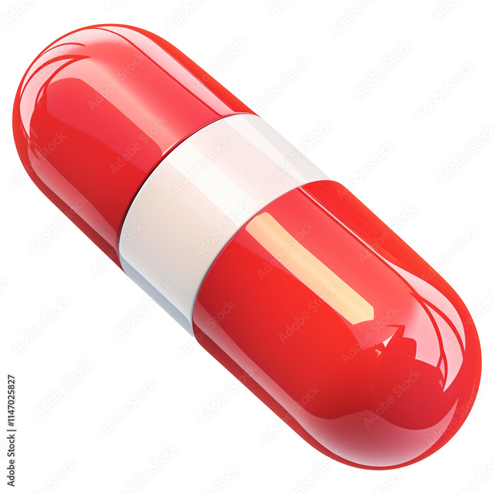 Poster red and white capsule shaped pill, isolated on transparency background, showcasing glossy surface an
