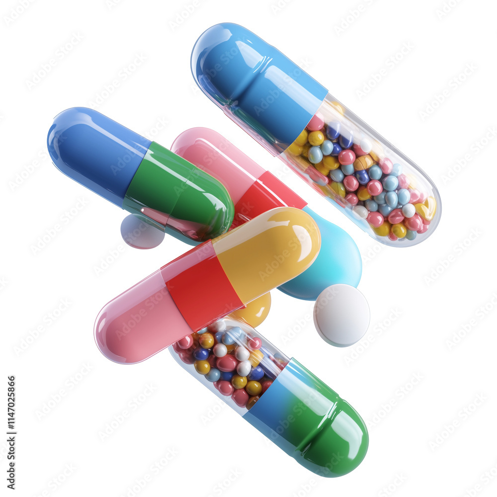 Poster colorful capsules and pills with vibrant designs, featuring transparent sections revealing multicolo