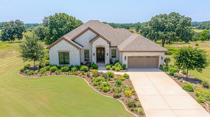 Luxurious suburban house with landscaped yard.