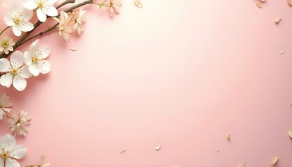 Fondo de primavera con tono rosado pastel, flores blancas y hojas delicadas en el borde