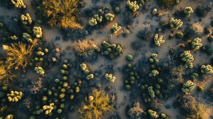 An aerial view of a desert landscape with various cacti and plants, highlighted by the golden hour light.