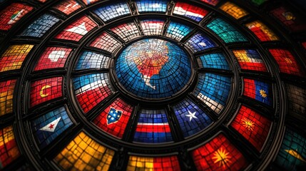 A vibrant stained glass dome featuring flags from various countries, symbolizing unity.