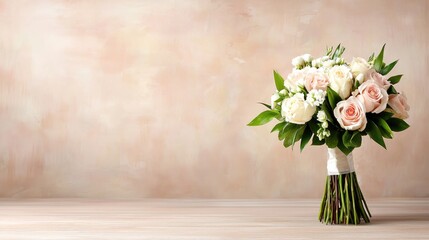 Elegant bouquet of pastel roses and greenery on wooden table against textured background.