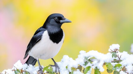 Magpie perched on snow-covered branch, yellow background.